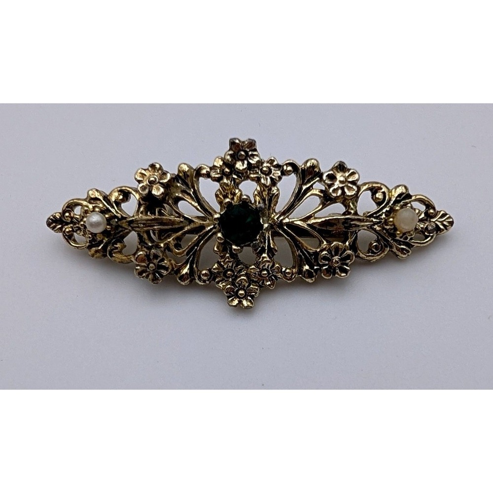 Vintage Sarah Coventry Gold Tone Green Rhinestone Faux Pearl Filigree Bar Brooch
